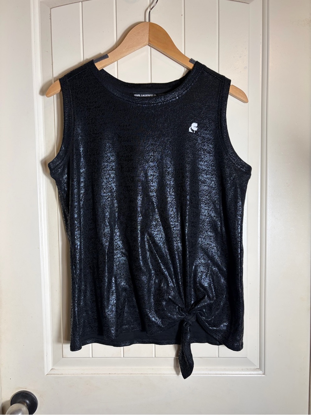 Karl Lagerfeld Black Shimmer Tie-Front Sleeveless Tank
